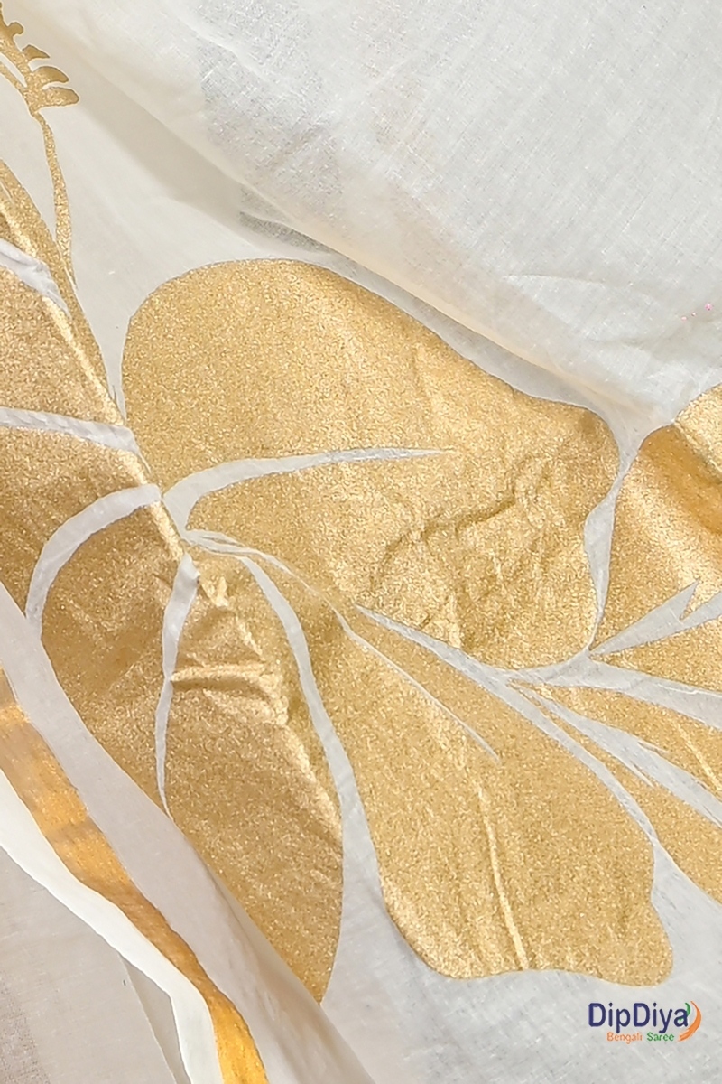 White Cotton Blended Soura Printed Handloom Saree (604)